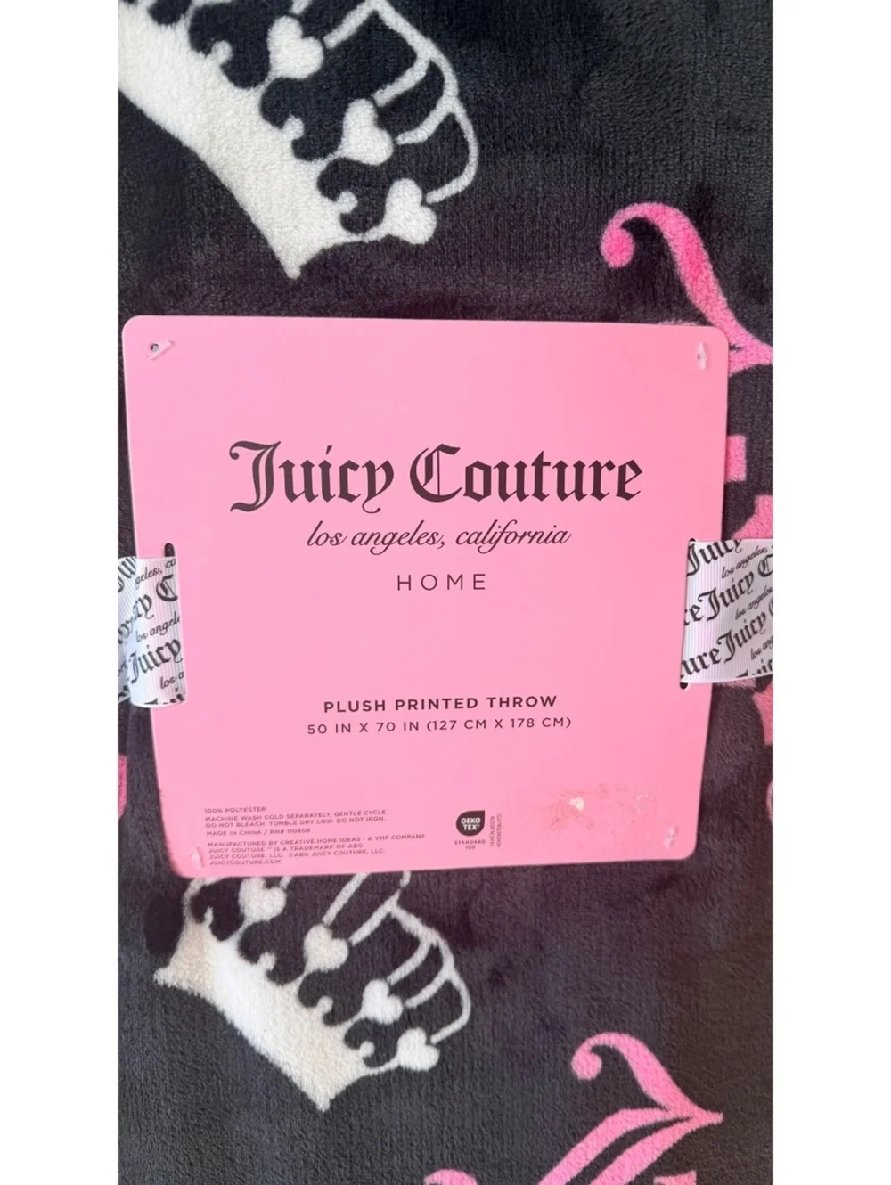Juicy Couture Plush Printed Throw Blanket 50x70 Black Pink Crowns